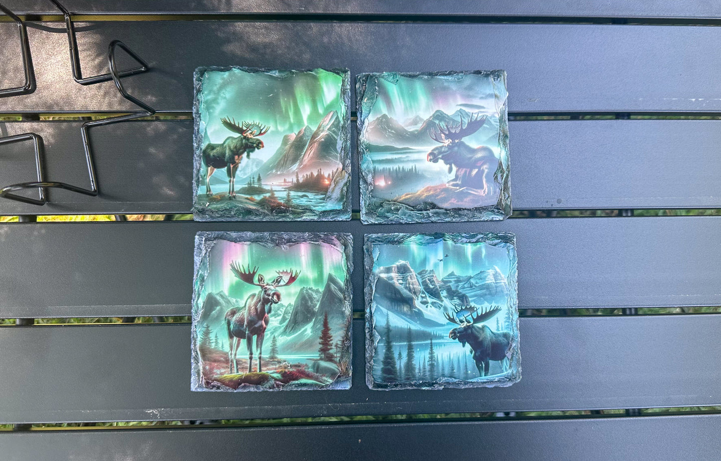 Moose Northern Lights Slate Coaster Set, Set of 4 Slate Coaster, Moose Lover Gift