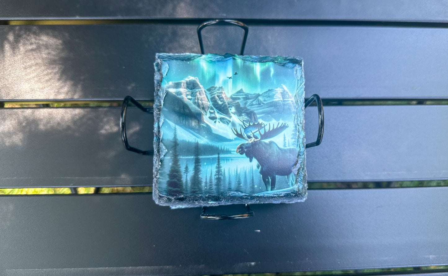 Moose Northern Lights Slate Coaster Set, Set of 4 Slate Coaster, Moose Lover Gift