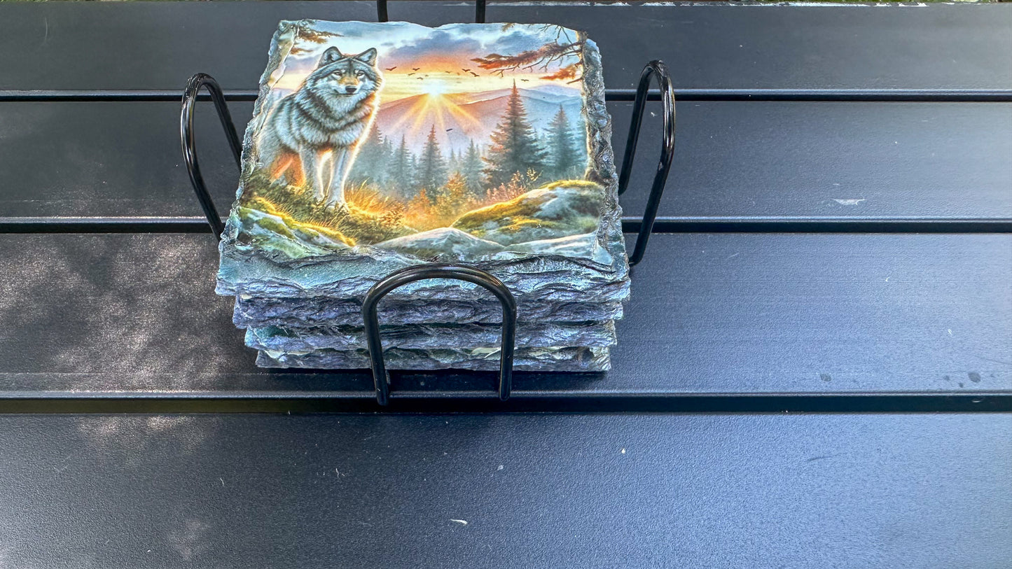 Wolf Sunset Mountain Scene Coasters, Coaster Set Of Four, Wolf Lover Gift