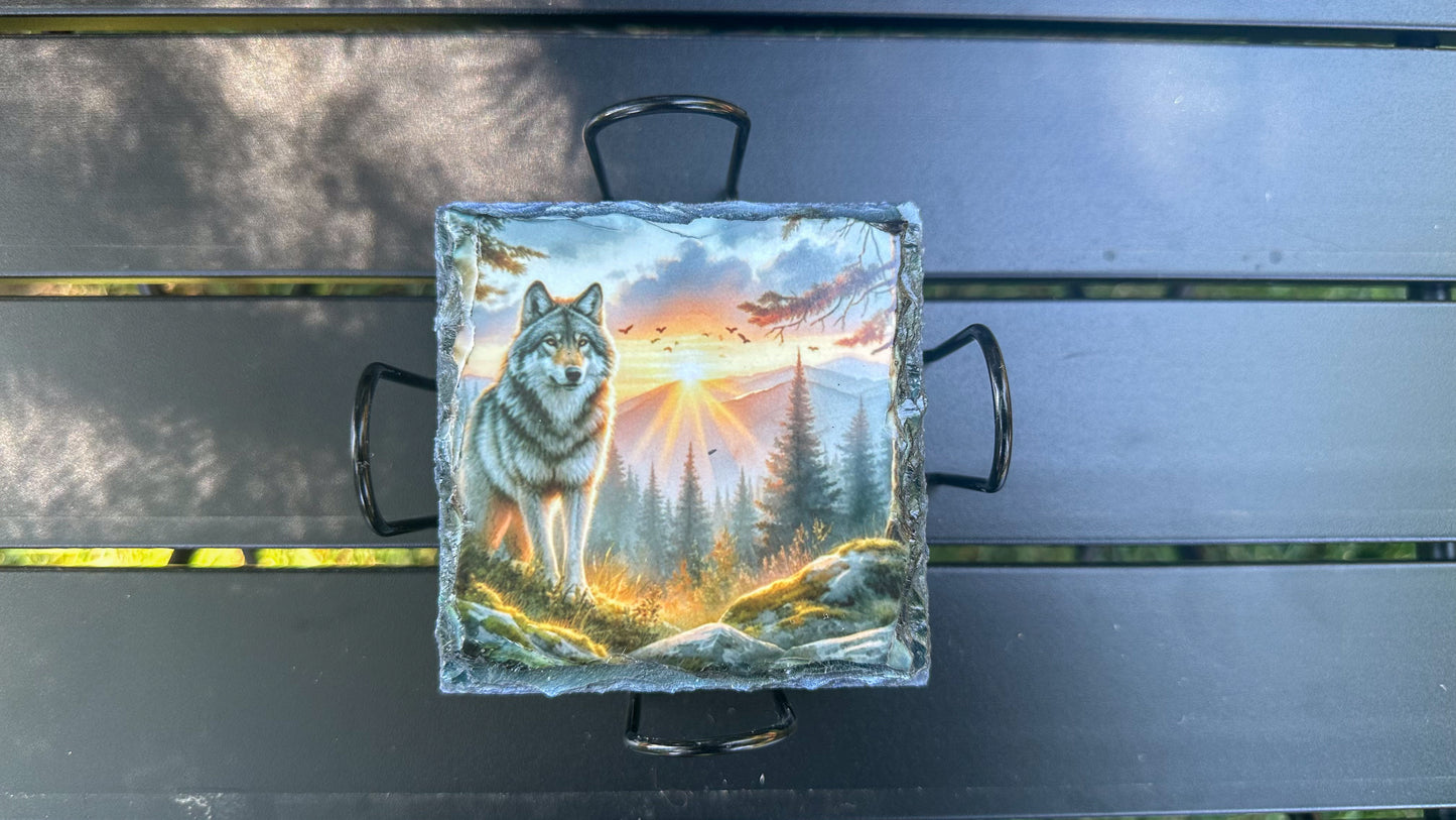 Wolf Sunset Mountain Scene Coasters, Coaster Set Of Four, Wolf Lover Gift