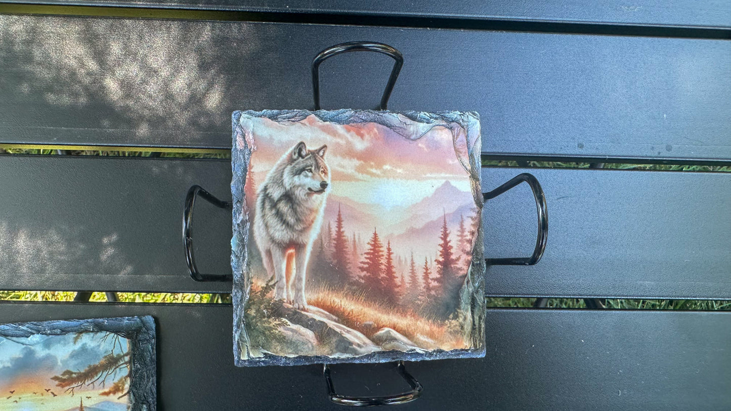 Wolf Sunset Mountain Scene Coasters, Coaster Set Of Four, Wolf Lover Gift