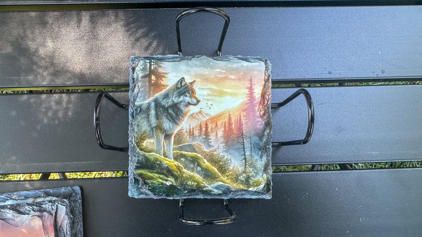 Wolf Sunset Mountain Scene Coasters, Coaster Set Of Four, Wolf Lover Gift