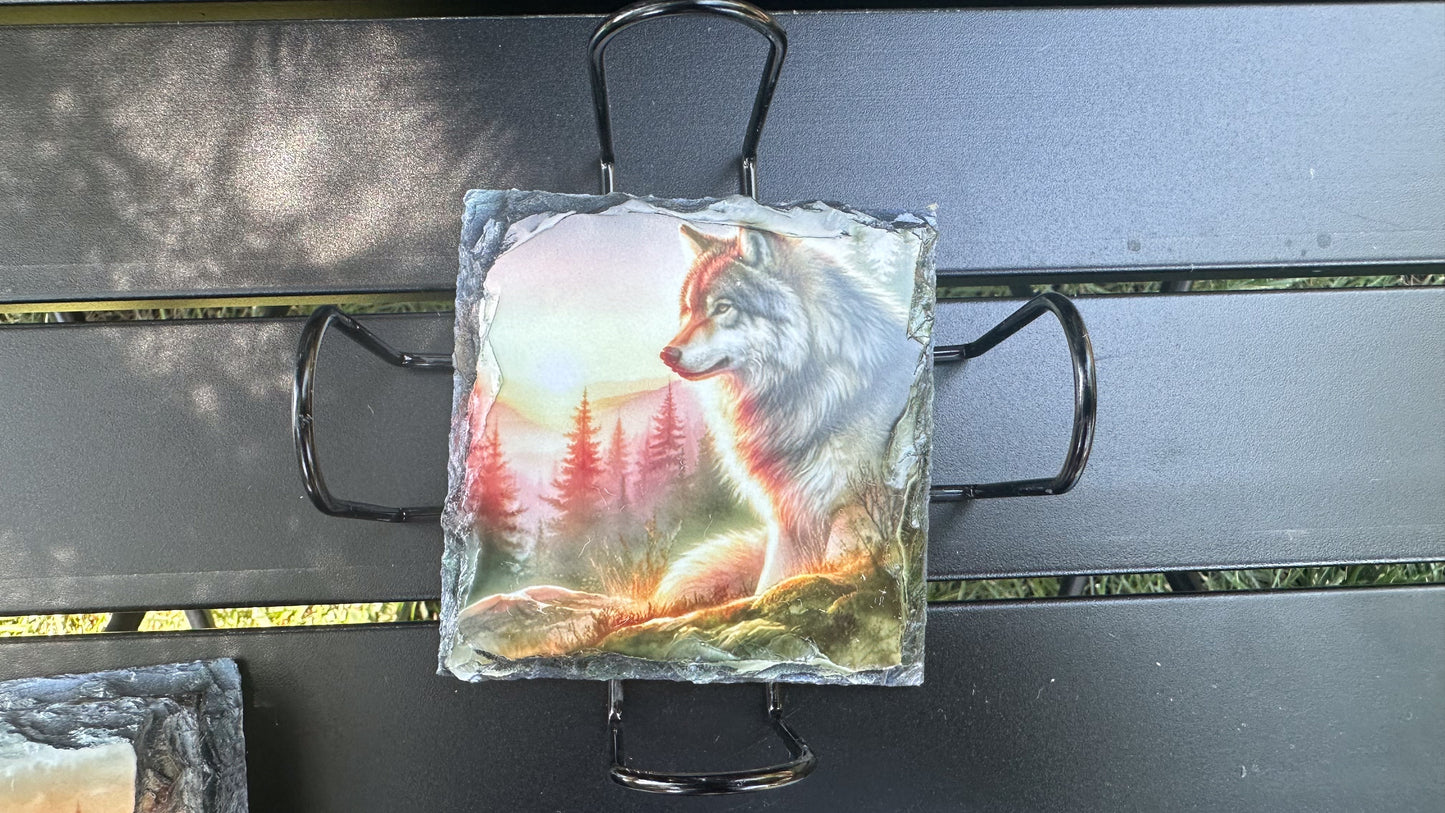 Wolf Sunset Mountain Scene Coasters, Coaster Set Of Four, Wolf Lover Gift