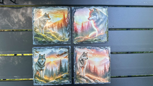 Wolf Sunset Mountain Scene Coasters, Coaster Set Of Four, Wolf Lover Gift