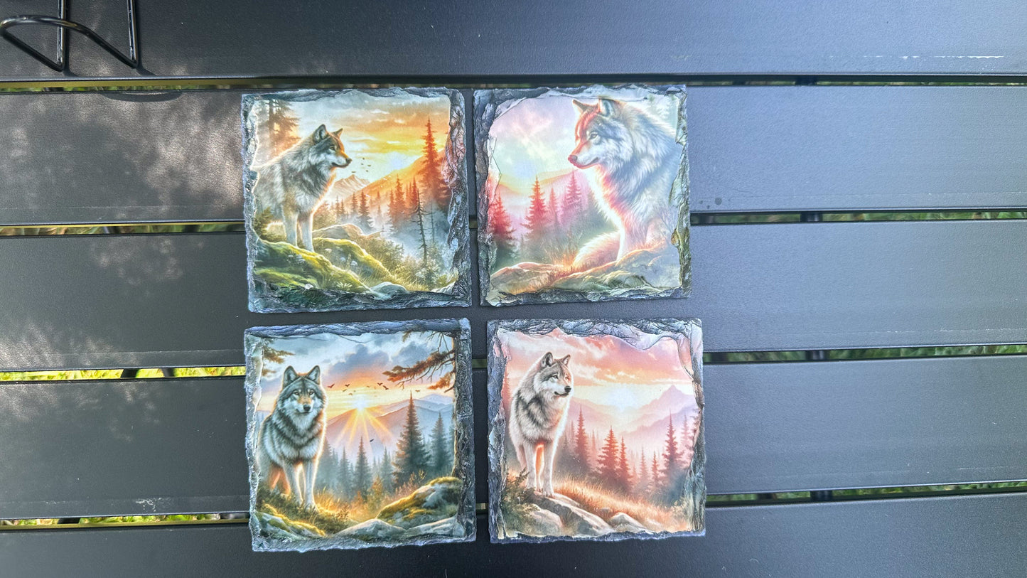 Wolf Sunset Mountain Scene Coasters, Coaster Set Of Four, Wolf Lover Gift