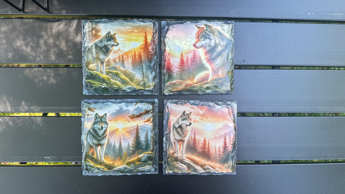 Wolf Sunset Mountain Scene Coasters, Coaster Set Of Four, Wolf Lover Gift