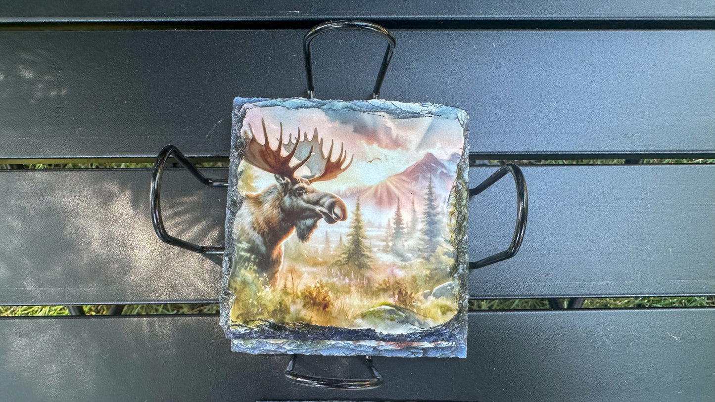 Moose Sunset Scene Slate Coasters, Coaster Set of 4, Moose Lover Gifts, Outdoorsy Gift Ideas