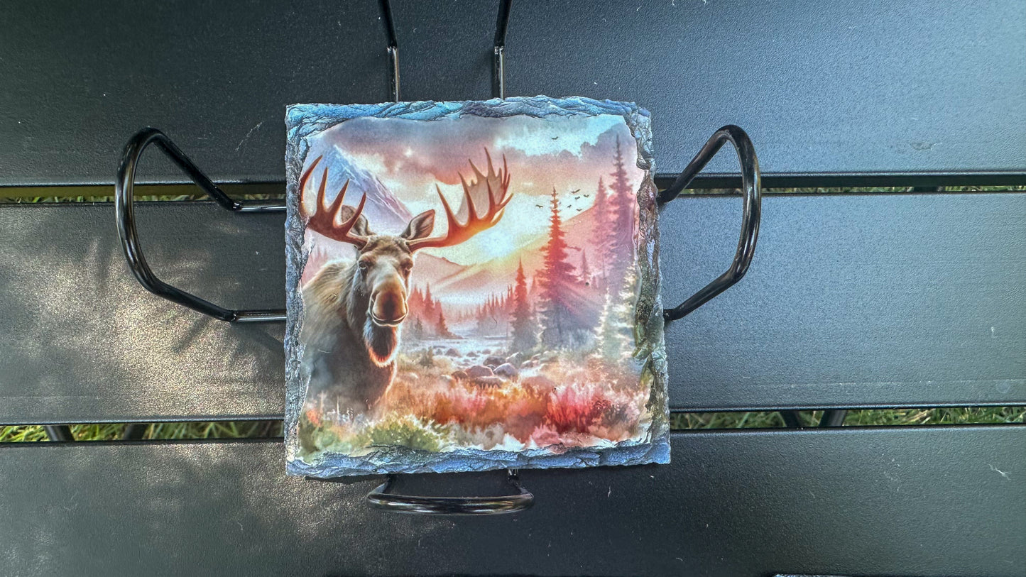 Moose Sunset Scene Slate Coasters, Coaster Set of 4, Moose Lover Gifts, Outdoorsy Gift Ideas