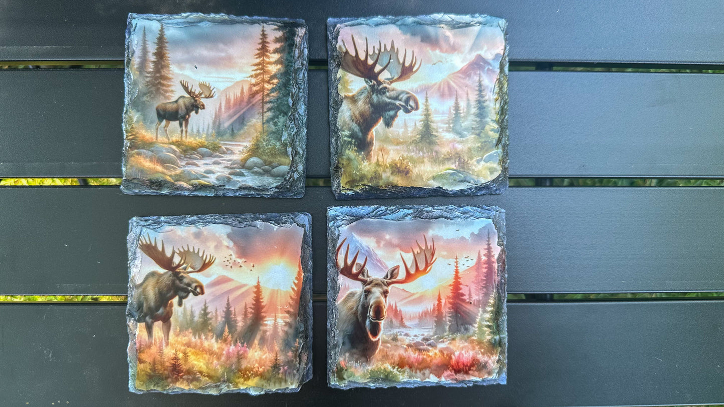 Moose Sunset Scene Slate Coasters, Coaster Set of 4, Moose Lover Gifts, Outdoorsy Gift Ideas