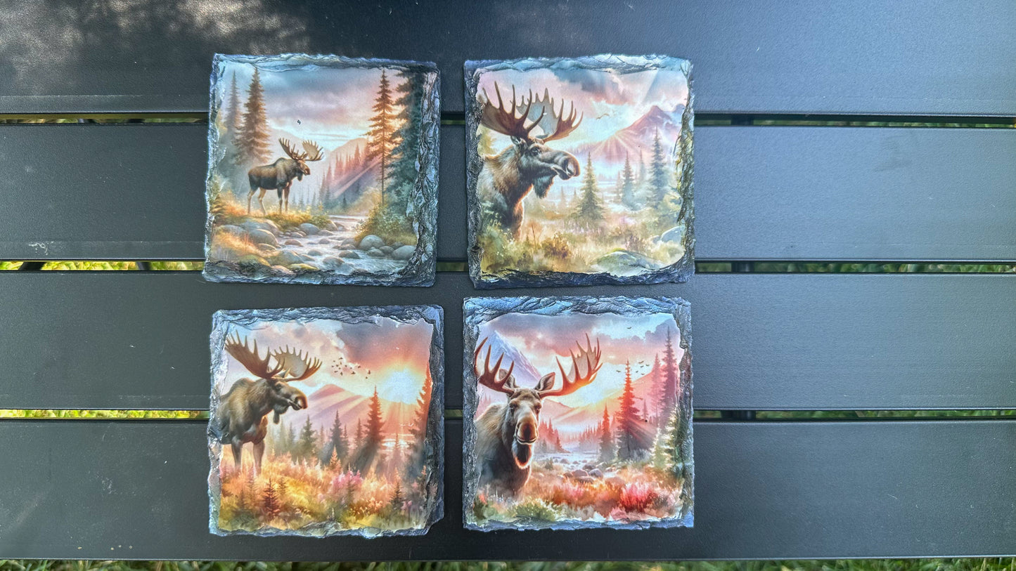 Moose Sunset Scene Slate Coasters, Coaster Set of 4, Moose Lover Gifts, Outdoorsy Gift Ideas