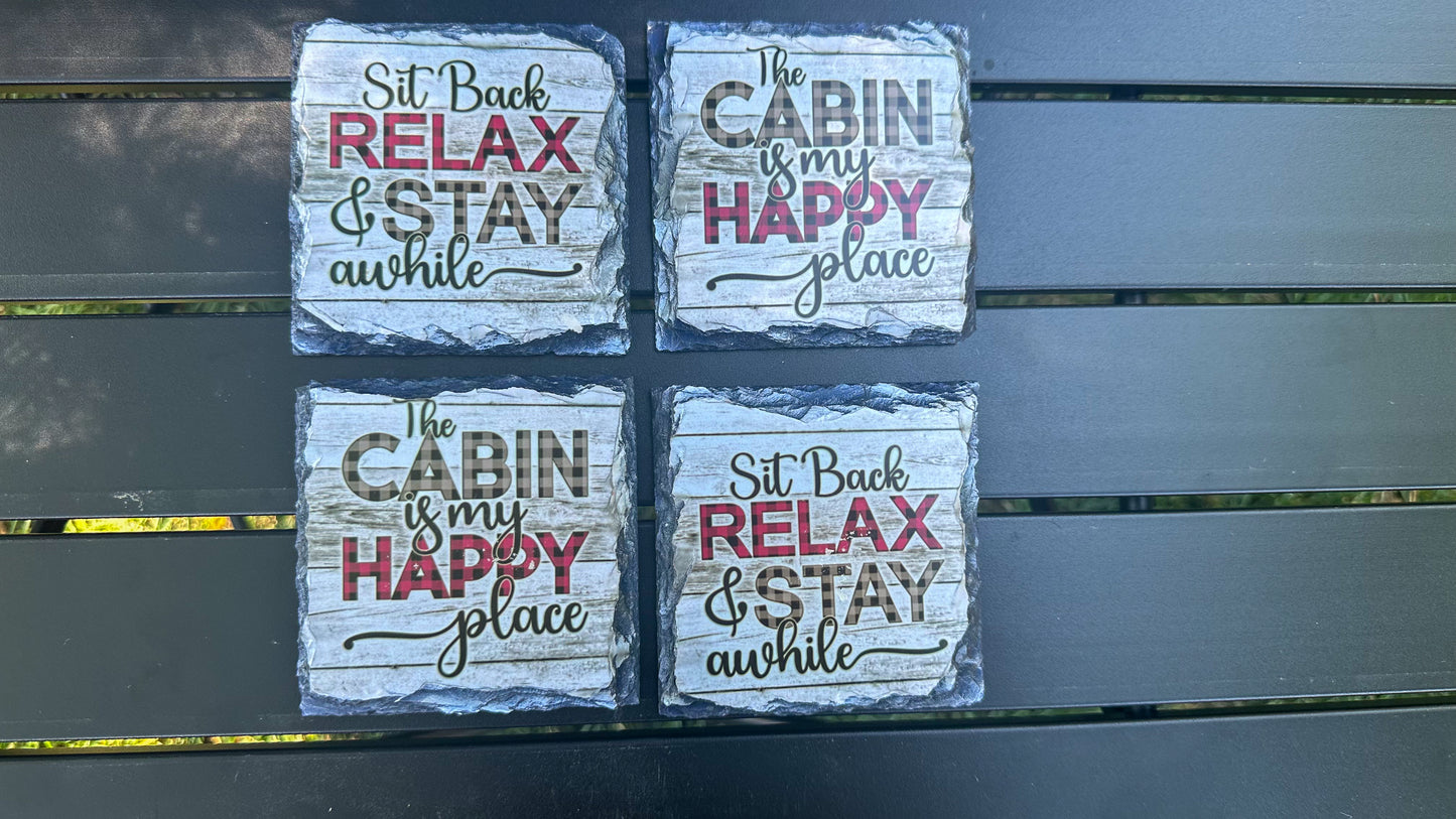 The Cabin Is My Happy Place Coaster Set, Slate Coaster Set of 4, Housewarming Gifts for Cabin