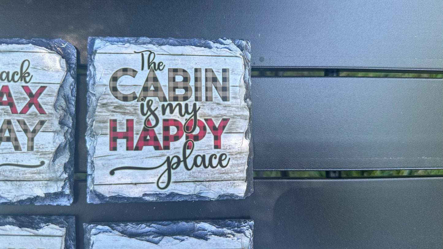 The Cabin Is My Happy Place Coaster Set, Slate Coaster Set of 4, Housewarming Gifts for Cabin