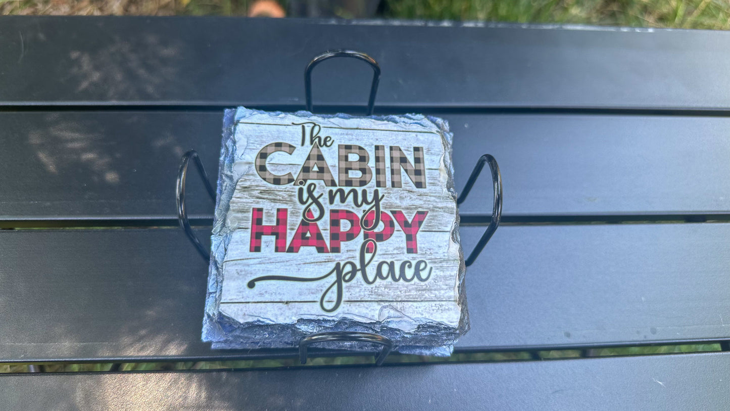 The Cabin Is My Happy Place Coaster Set, Slate Coaster Set of 4, Housewarming Gifts for Cabin