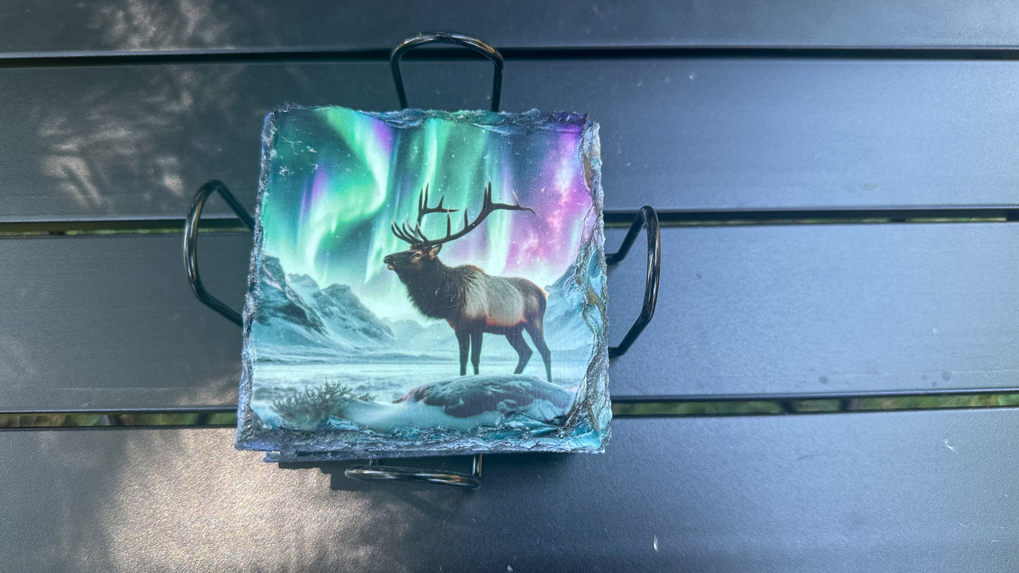 Moose Northern Lights Slate Coaster Set, Coaster Set of 4, Moose Lover Gifts