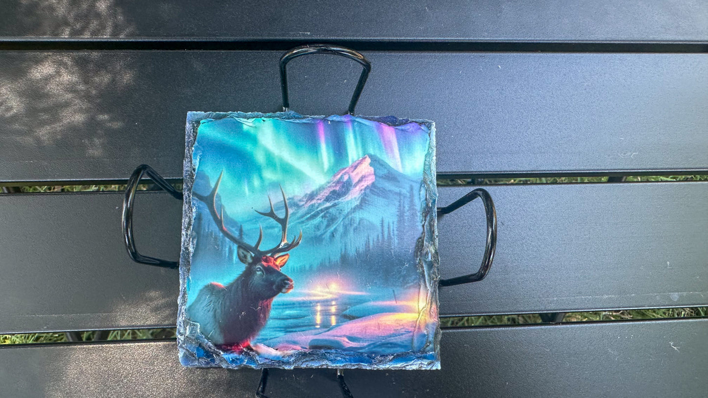 Moose Northern Lights Slate Coaster Set, Coaster Set of 4, Moose Lover Gifts