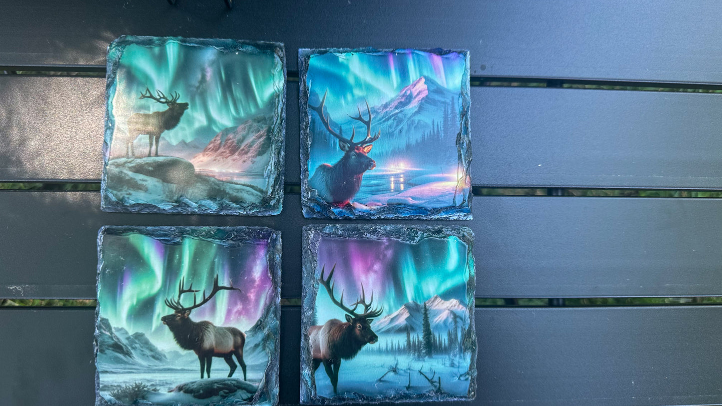 Moose Northern Lights Slate Coaster Set, Coaster Set of 4, Moose Lover Gifts