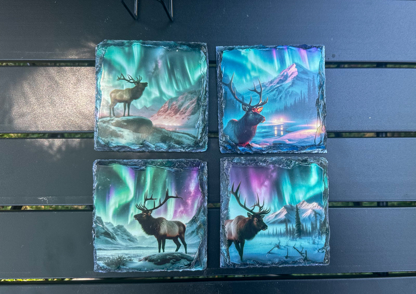 Moose Northern Lights Slate Coaster Set, Coaster Set of 4, Moose Lover Gifts