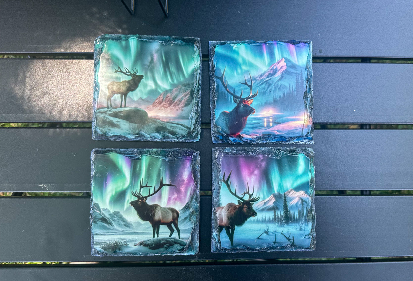 Moose Northern Lights Slate Coaster Set, Coaster Set of 4, Moose Lover Gifts