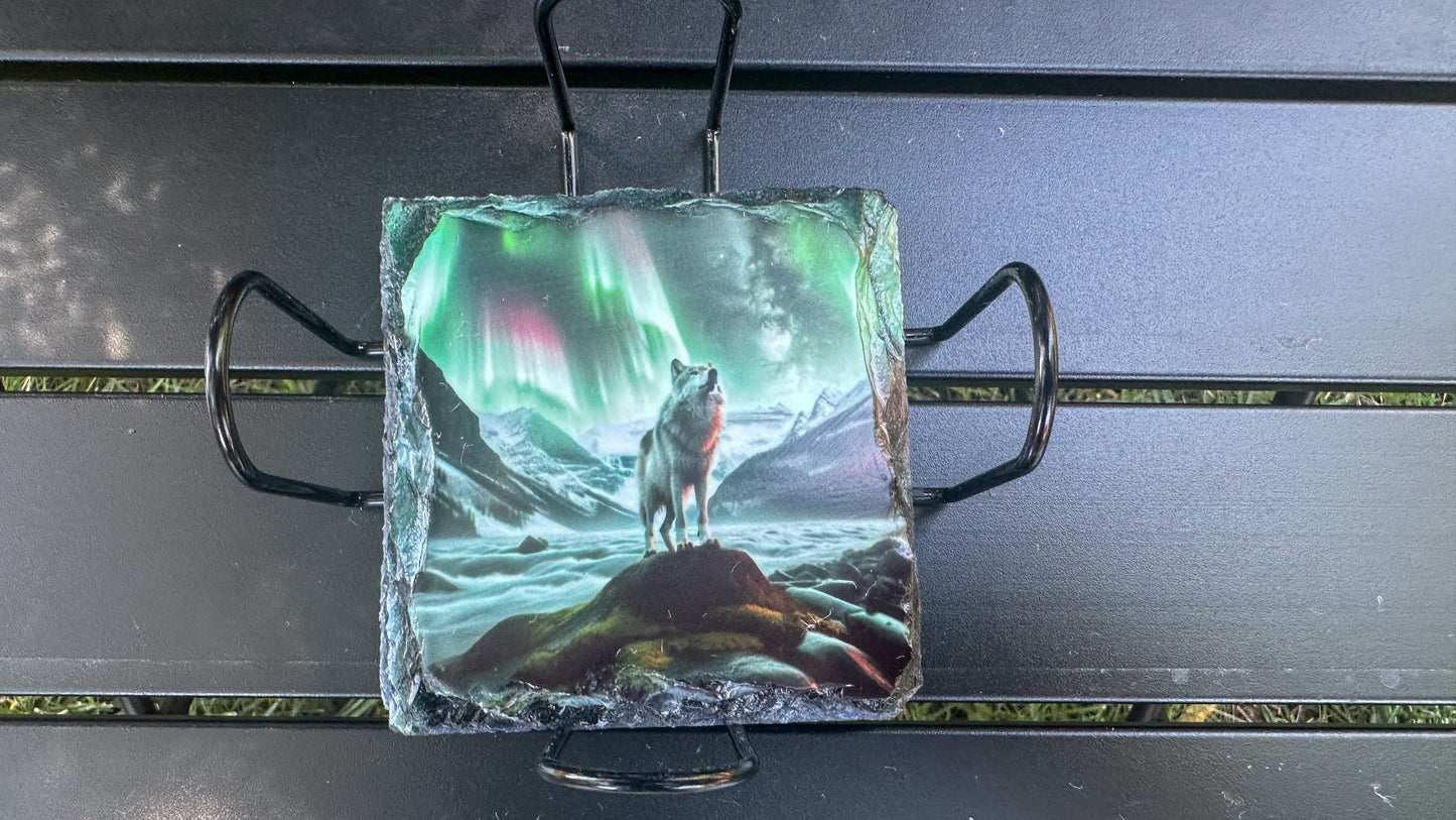 Wolf Northern Lights Coaster Set, Set of 4 Coaster Slate, Wolf Lover Gift