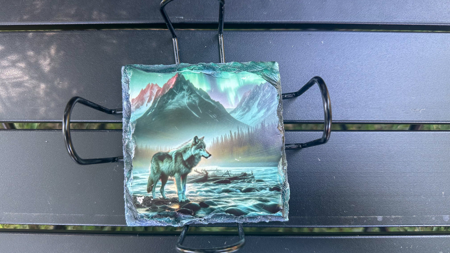 Wolf Northern Lights Coaster Set, Set of 4 Coaster Slate, Wolf Lover Gift