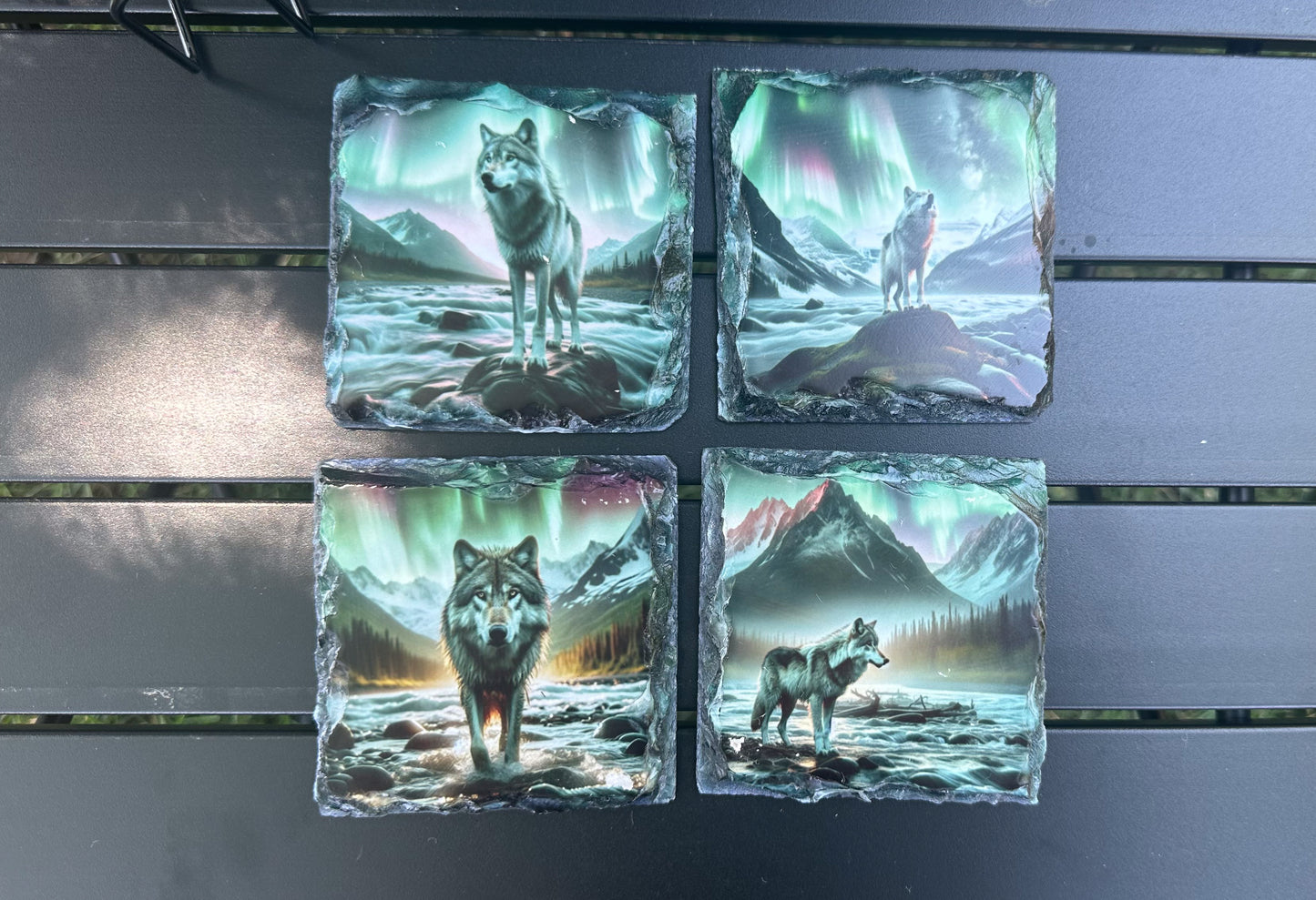 Wolf Northern Lights Coaster Set, Set of 4 Coaster Slate, Wolf Lover Gift