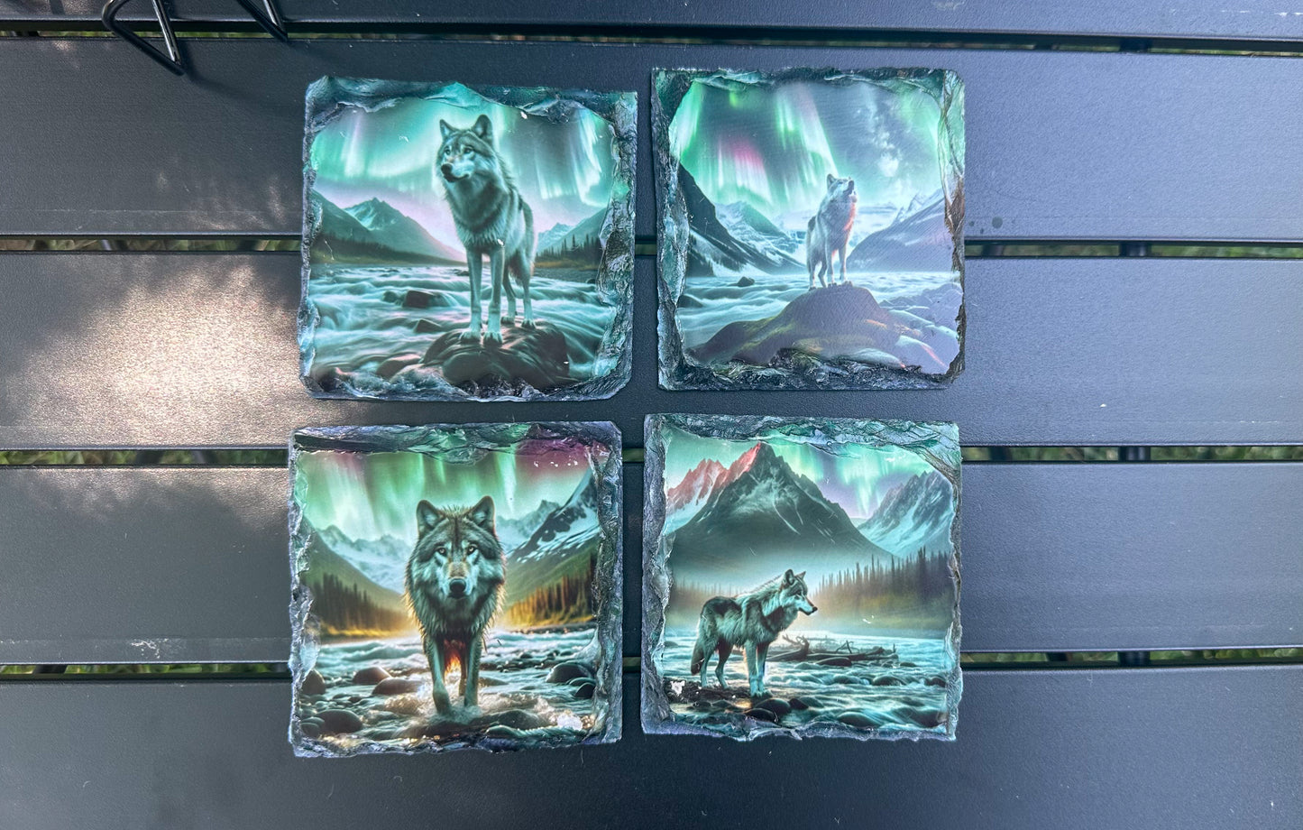 Wolf Northern Lights Coaster Set, Set of 4 Coaster Slate, Wolf Lover Gift