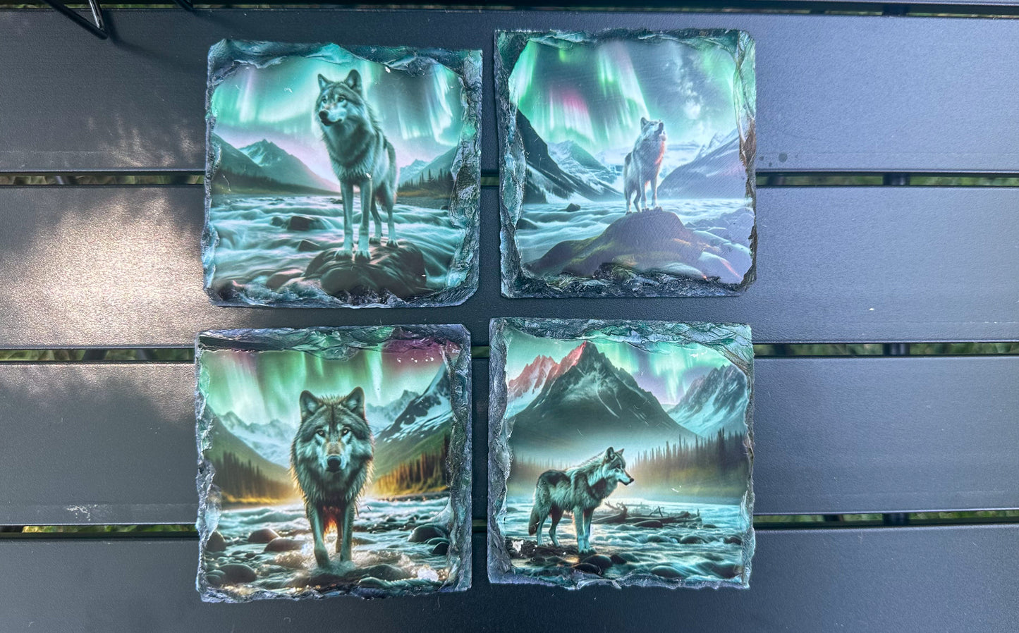 Wolf Northern Lights Coaster Set, Set of 4 Coaster Slate, Wolf Lover Gift