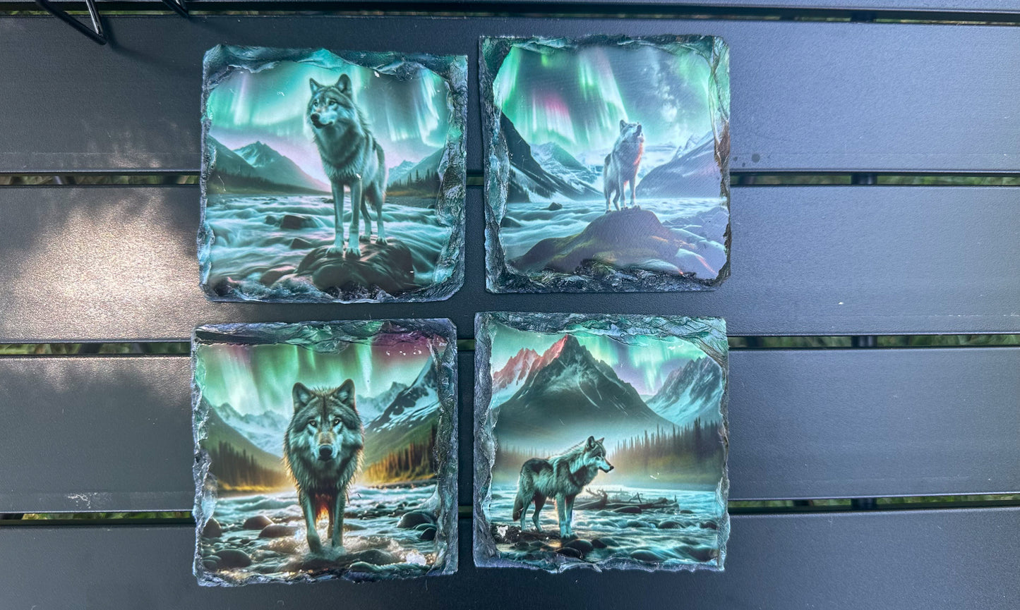 Wolf Northern Lights Coaster Set, Set of 4 Coaster Slate, Wolf Lover Gift