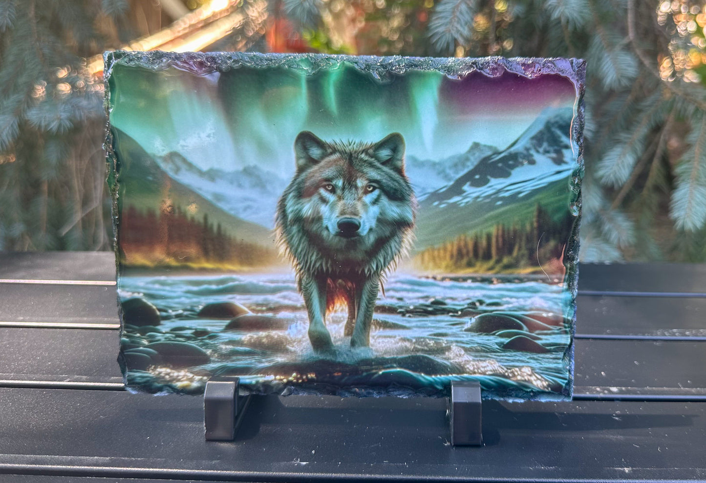 Wolf walking in River with Northern Lights, Wolf Lover Gift