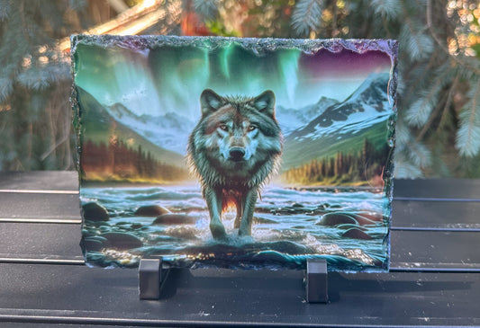 Wolf walking in River with Northern Lights, Wolf Lover Gift