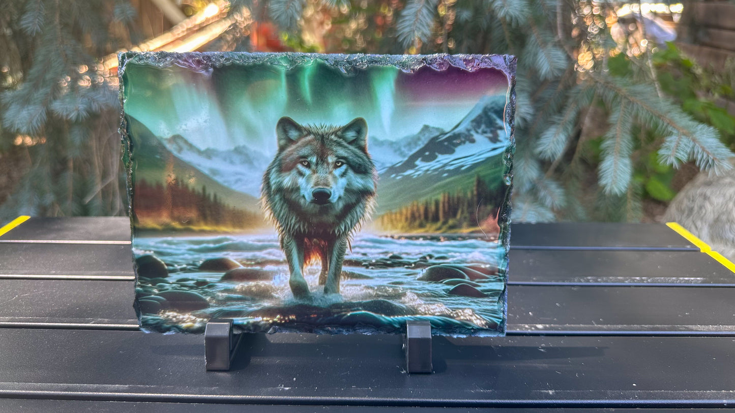 Wolf walking in River with Northern Lights, Wolf Lover Gift