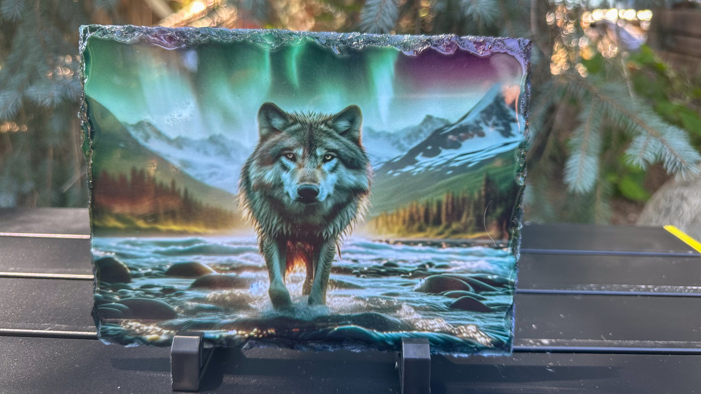 Wolf walking in River with Northern Lights, Wolf Lover Gift