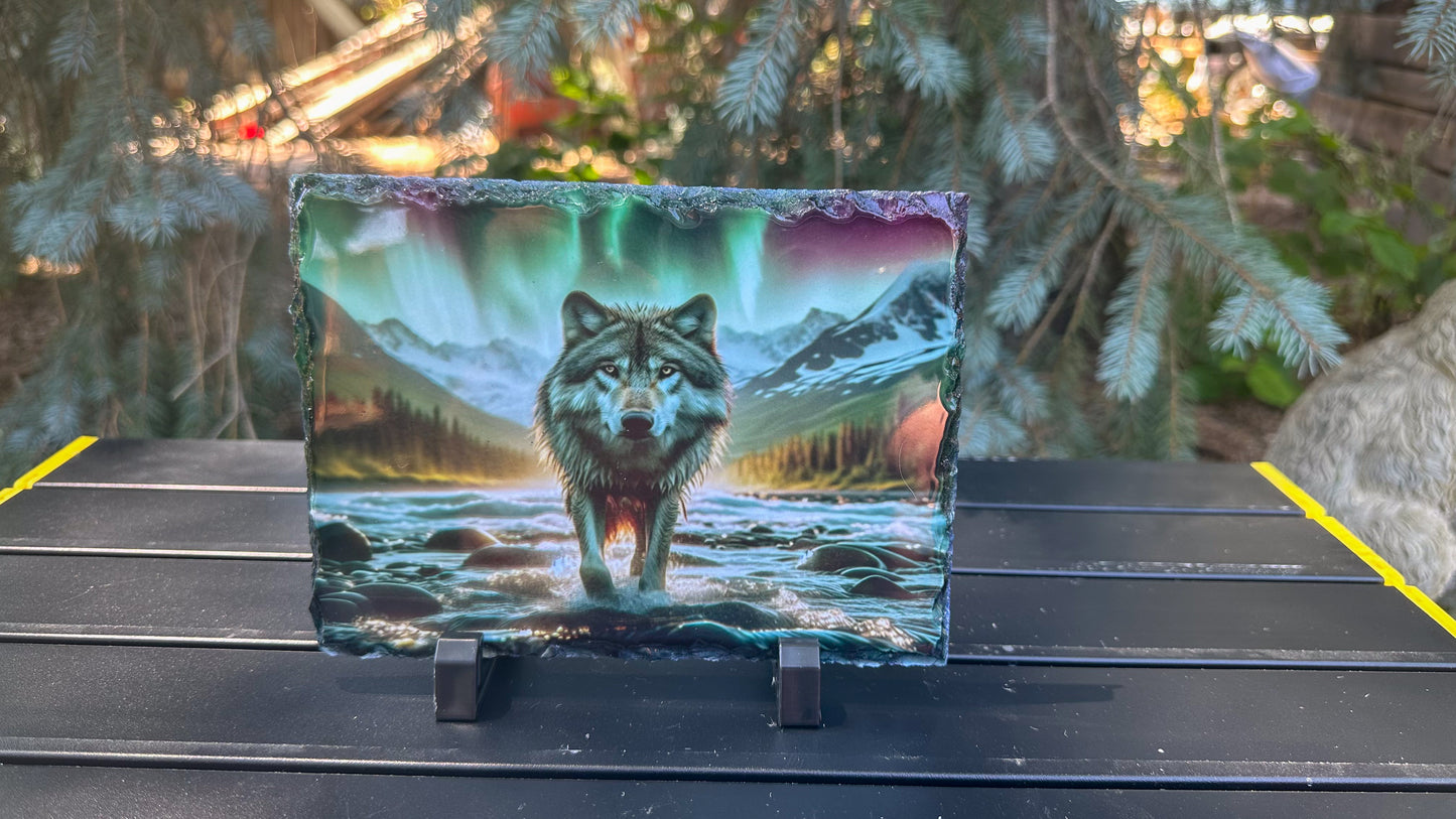 Wolf walking in River with Northern Lights, Wolf Lover Gift