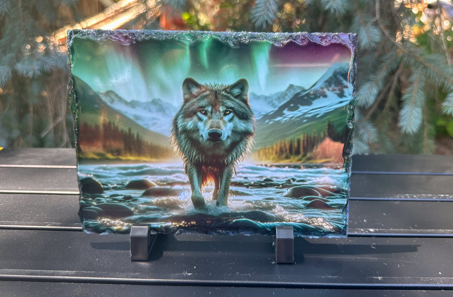 Wolf walking in River with Northern Lights, Wolf Lover Gift