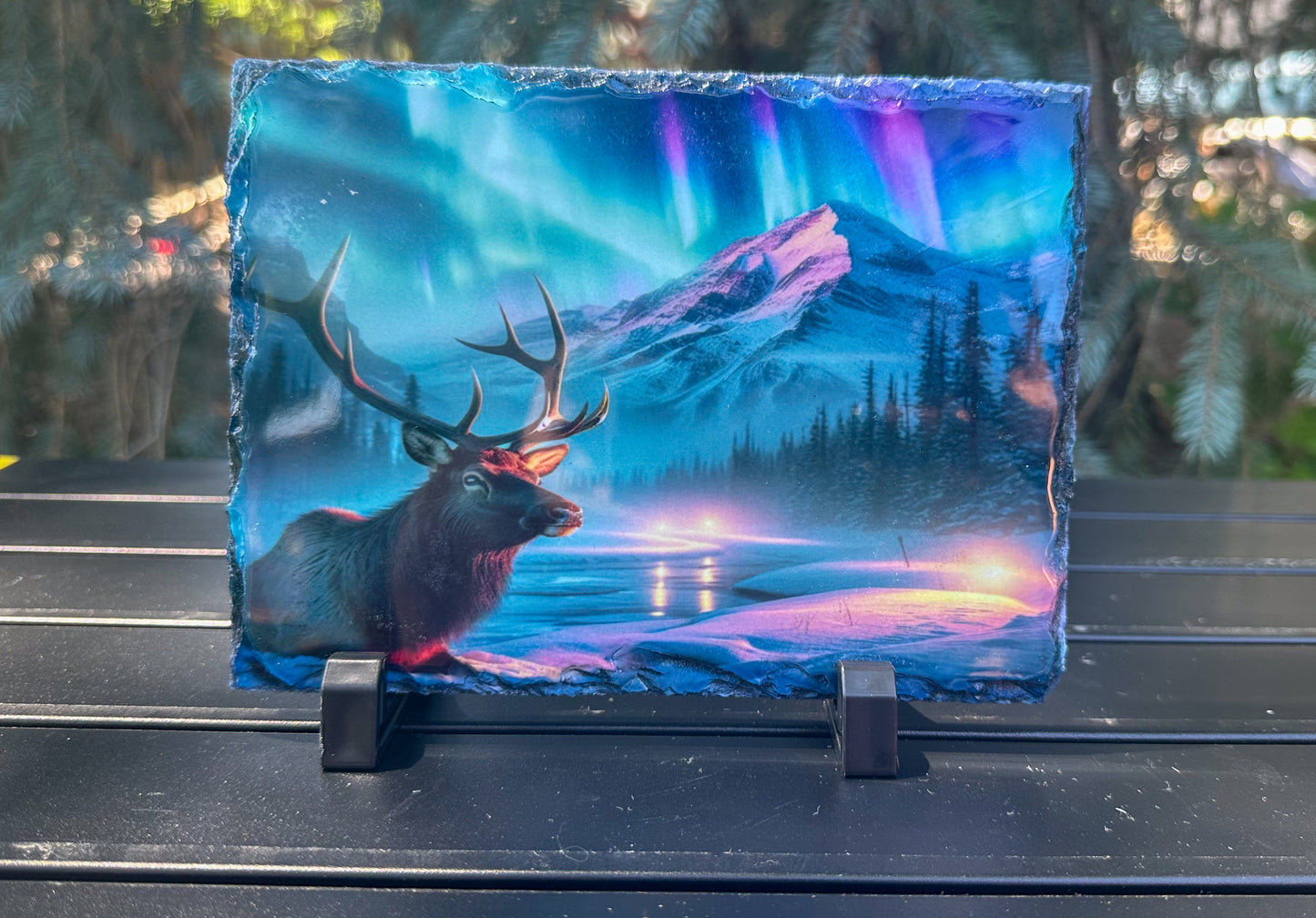 Elk Winter Scene with Northern Lights Decorative Plaque, Elk Slate, Outdoorsy Gift for Him