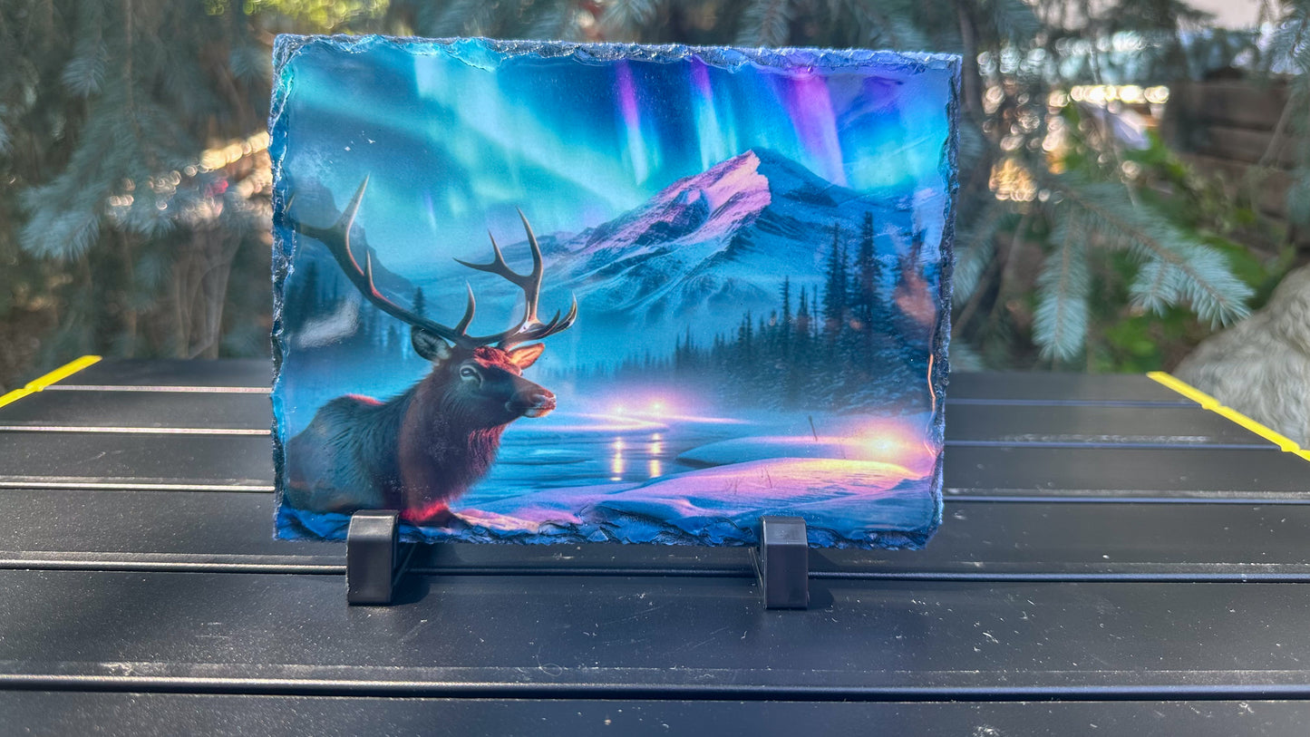 Elk Winter Scene with Northern Lights Decorative Plaque, Elk Slate, Outdoorsy Gift for Him