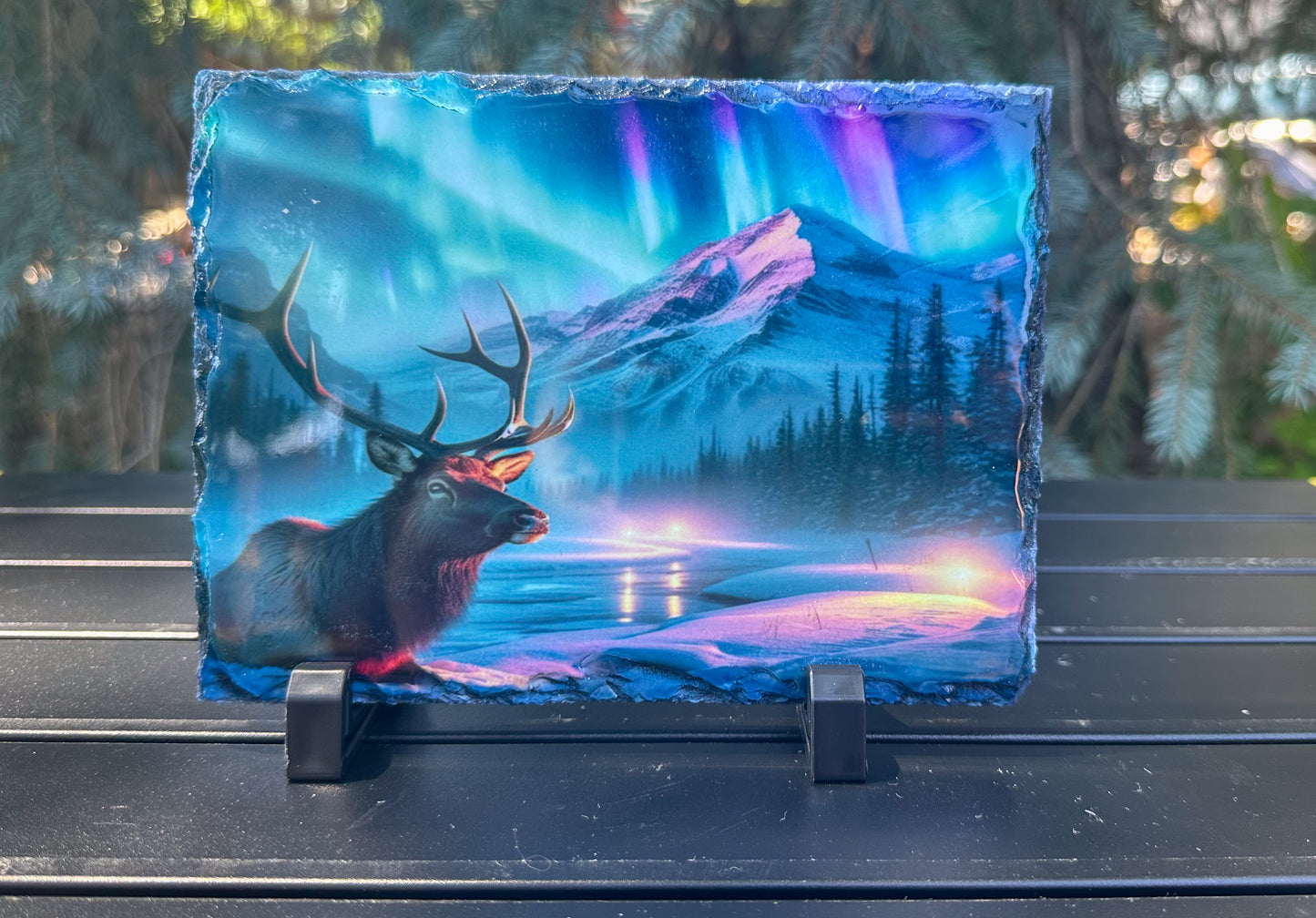 Elk Winter Scene with Northern Lights Decorative Plaque, Elk Slate, Outdoorsy Gift for Him