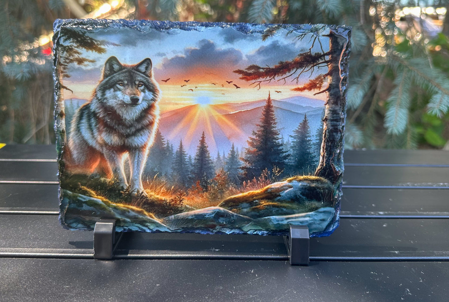 Wolf Mountain Sunset Decorative Plaque, Wolf in The Wild Slate, Wolf Lover Gift