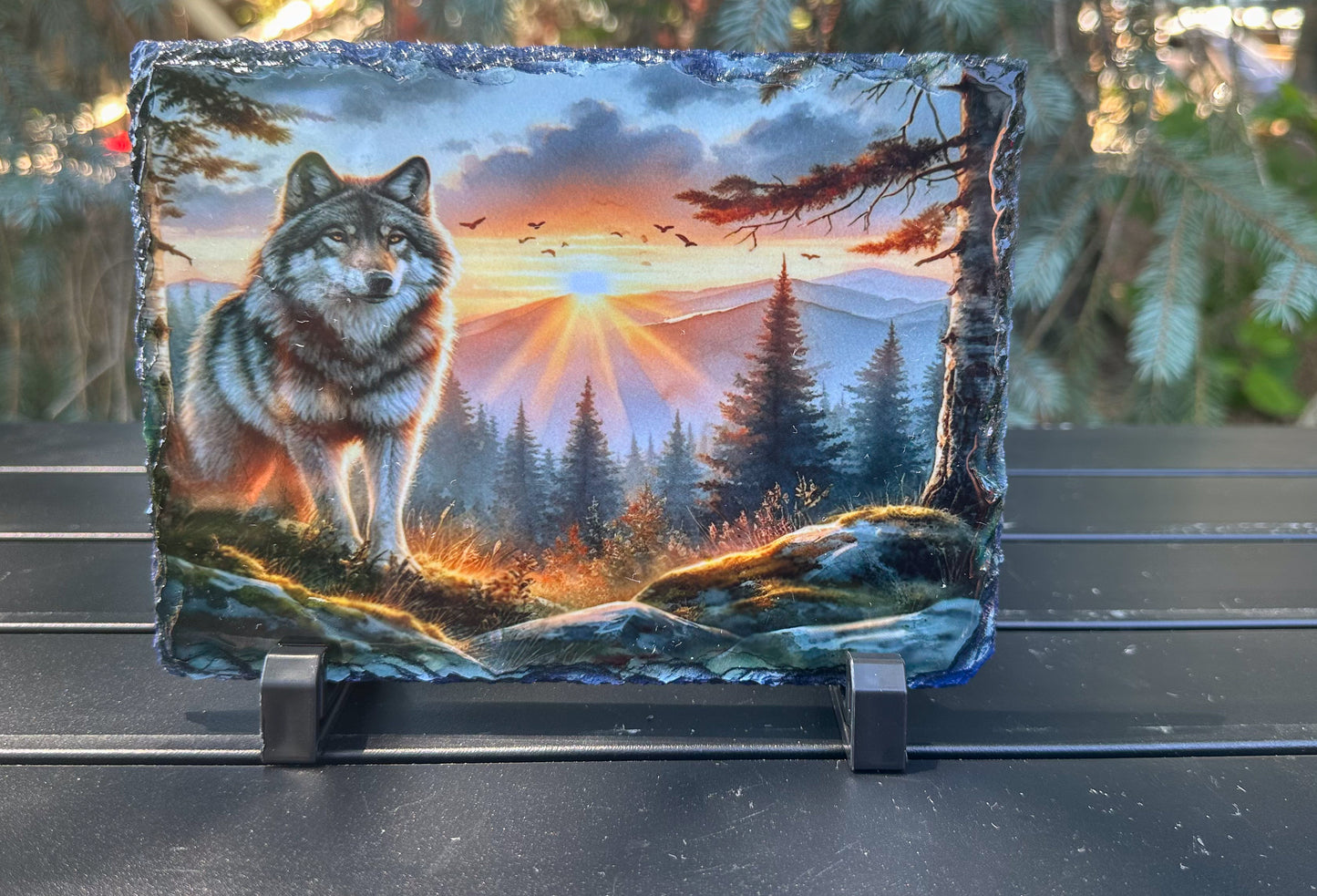 Wolf Mountain Sunset Decorative Plaque, Wolf in The Wild Slate, Wolf Lover Gift