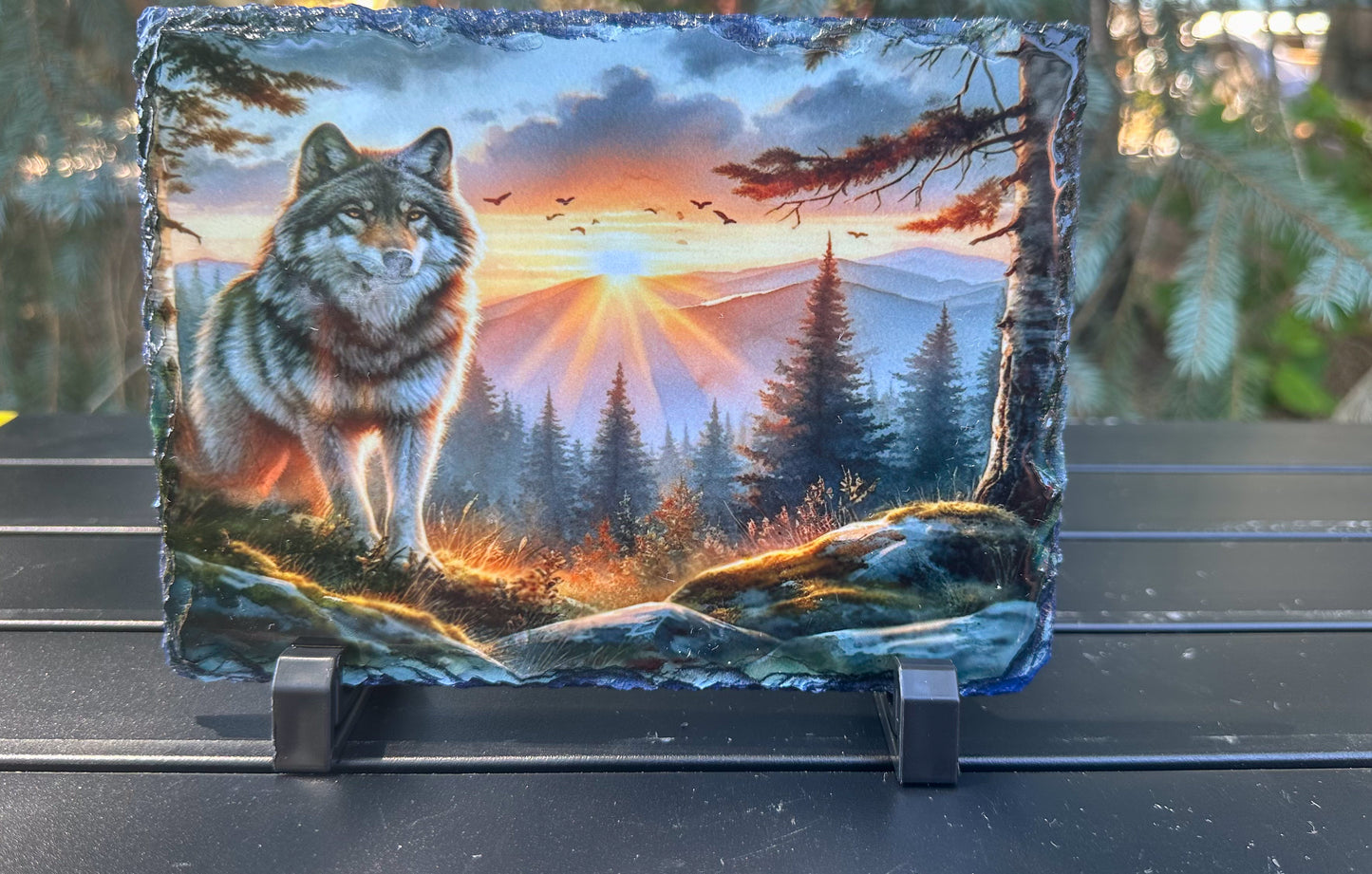 Wolf Mountain Sunset Decorative Plaque, Wolf in The Wild Slate, Wolf Lover Gift