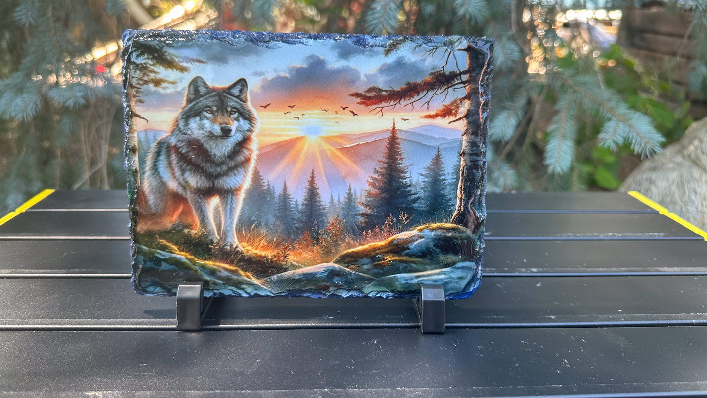 Wolf Mountain Sunset Decorative Plaque, Wolf in The Wild Slate, Wolf Lover Gift