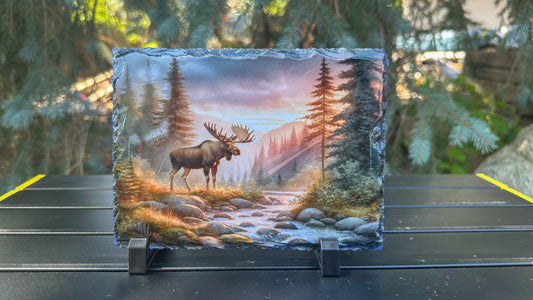 Moose In Forest Decorative Plaque, Sunset Wildlife Slate, Outdoorsy Gift for Hunter