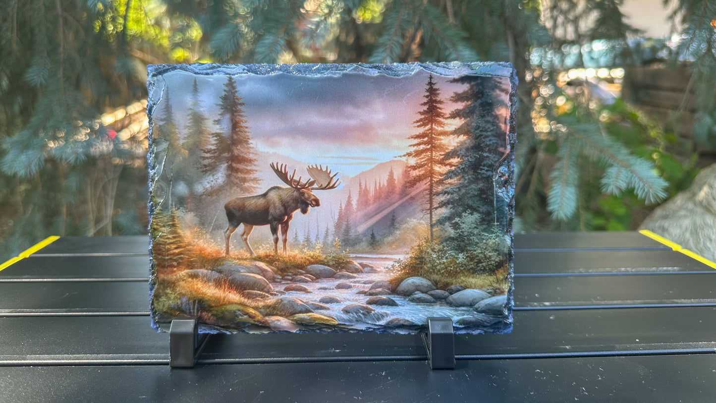 Moose In Forest Decorative Plaque, Sunset Wildlife Slate, Outdoorsy Gift for Hunter