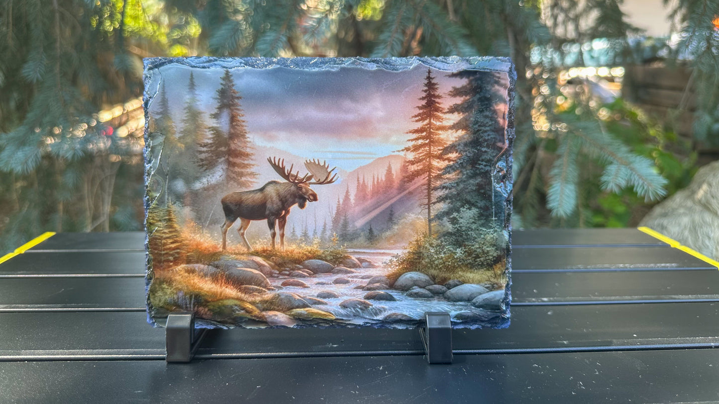 Moose In Forest Decorative Plaque, Sunset Wildlife Slate, Outdoorsy Gift for Hunter