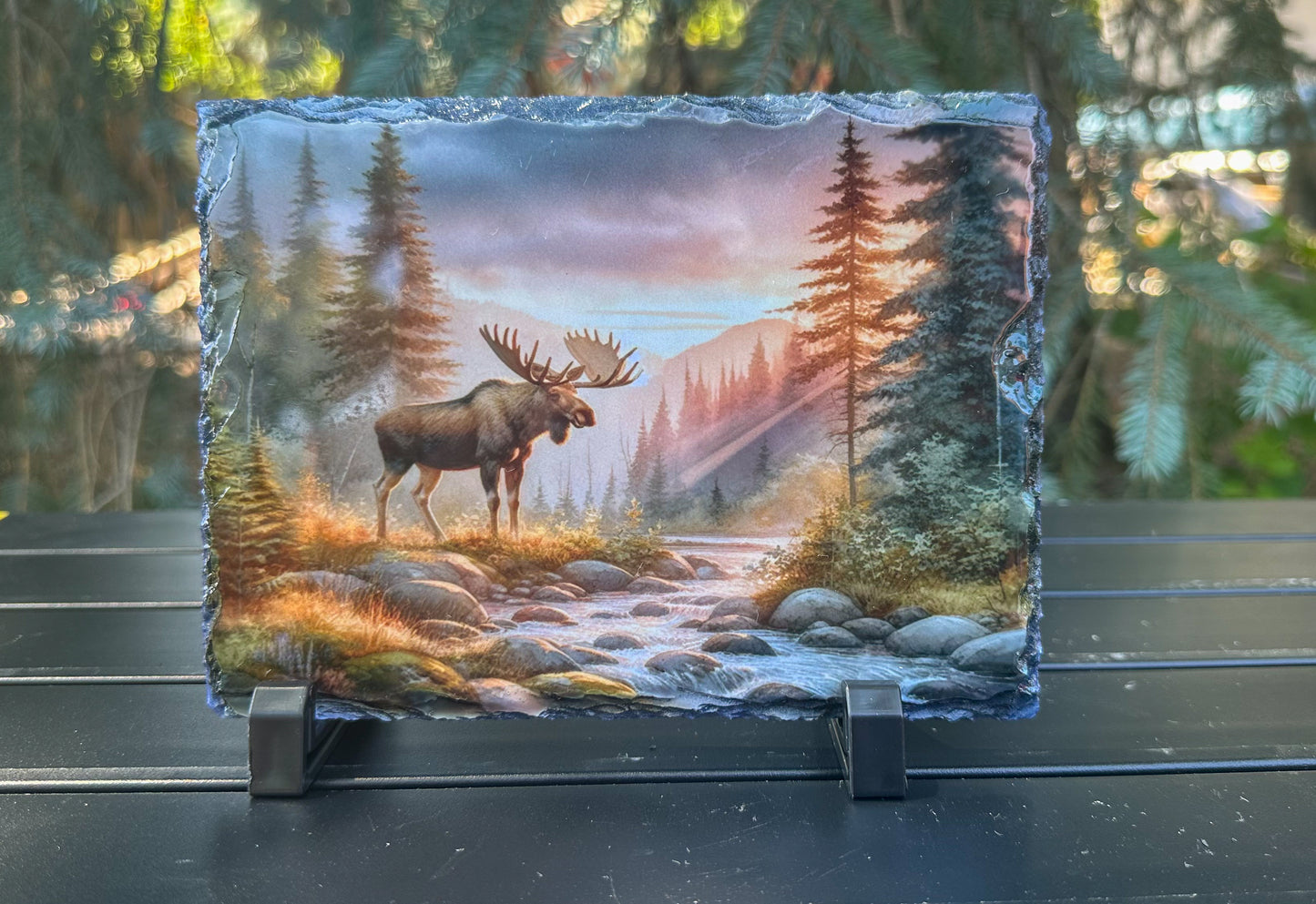 Moose In Forest Decorative Plaque, Sunset Wildlife Slate, Outdoorsy Gift for Hunter