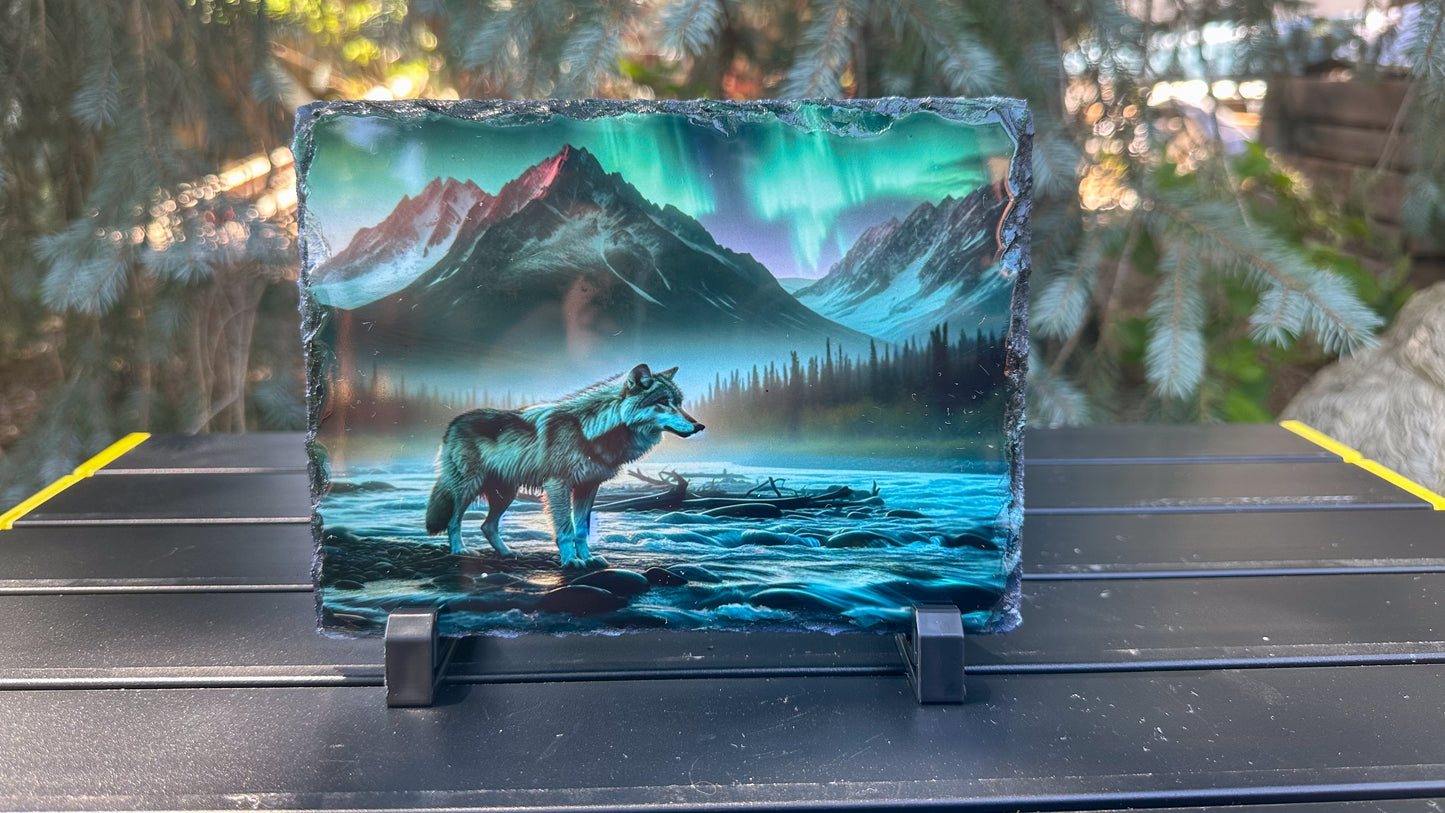 Wolf with Northern Lights Decorative Plaque, Northern Lights Slate, Wolf Lover Gift