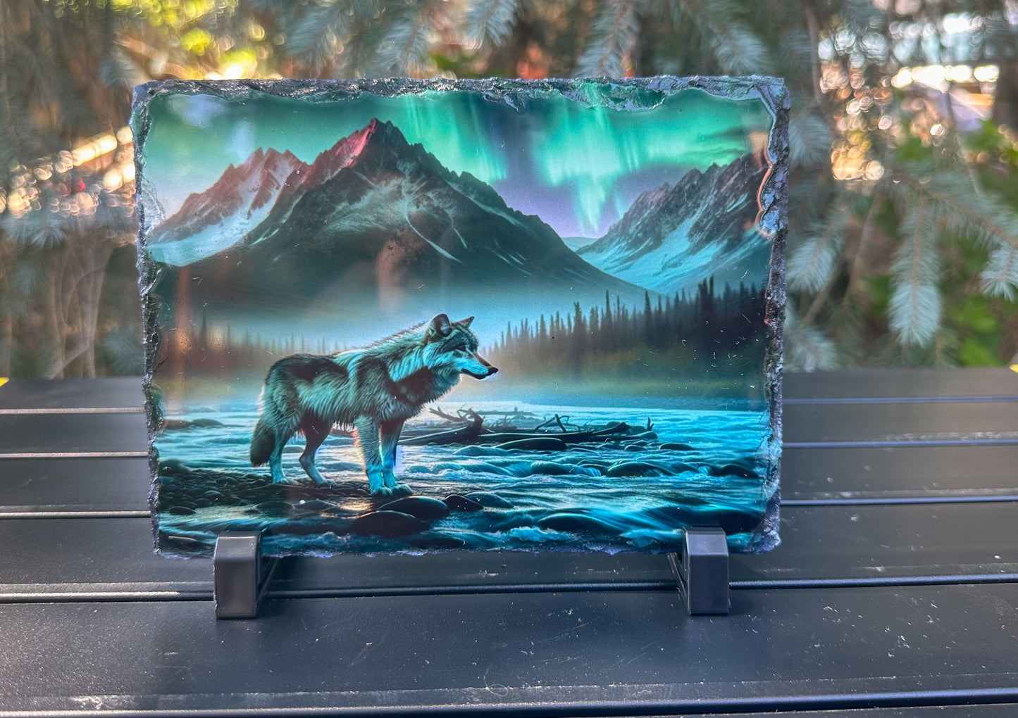 Wolf with Northern Lights Decorative Plaque, Northern Lights Slate, Wolf Lover Gift