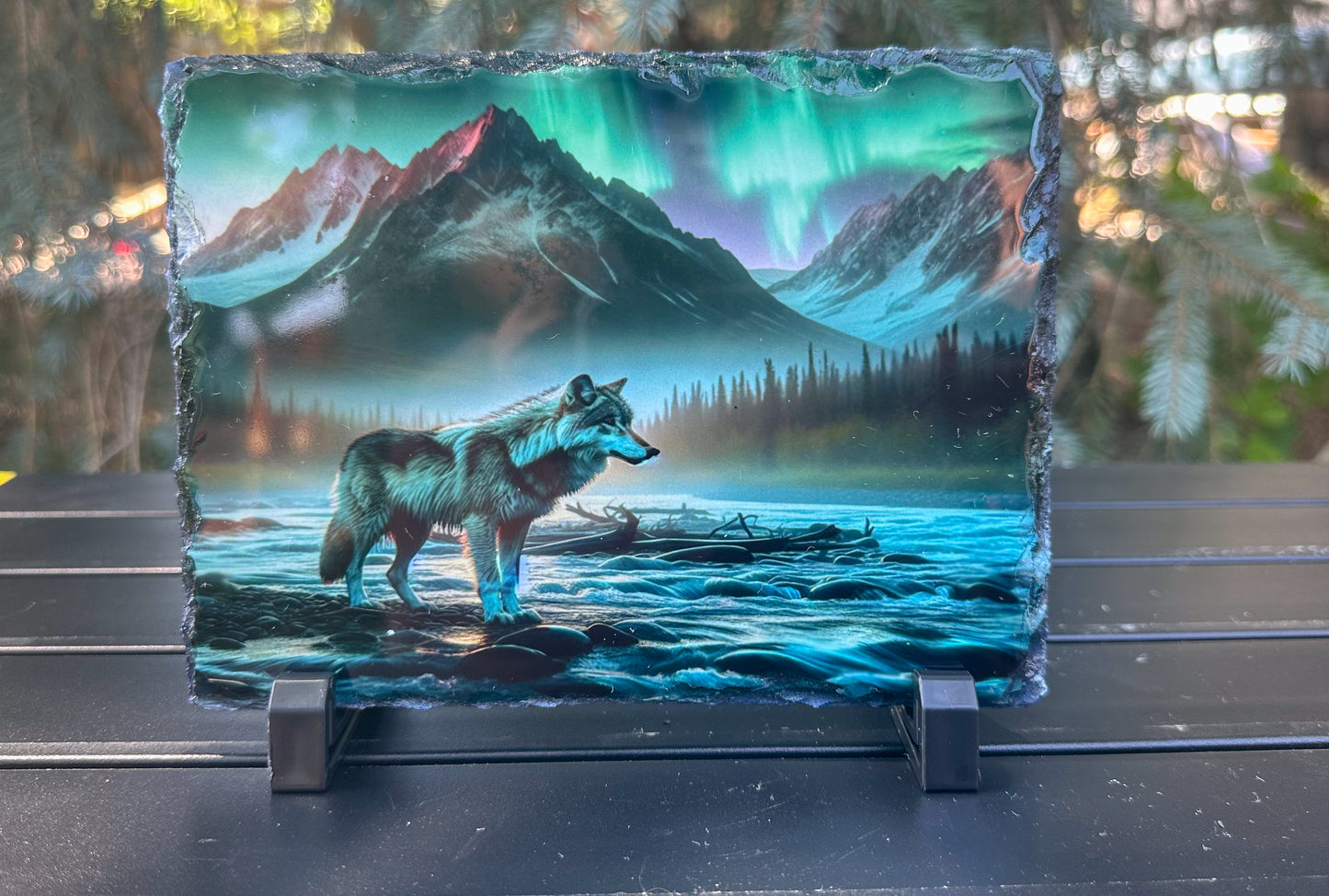 Wolf with Northern Lights Decorative Plaque, Northern Lights Slate, Wolf Lover Gift