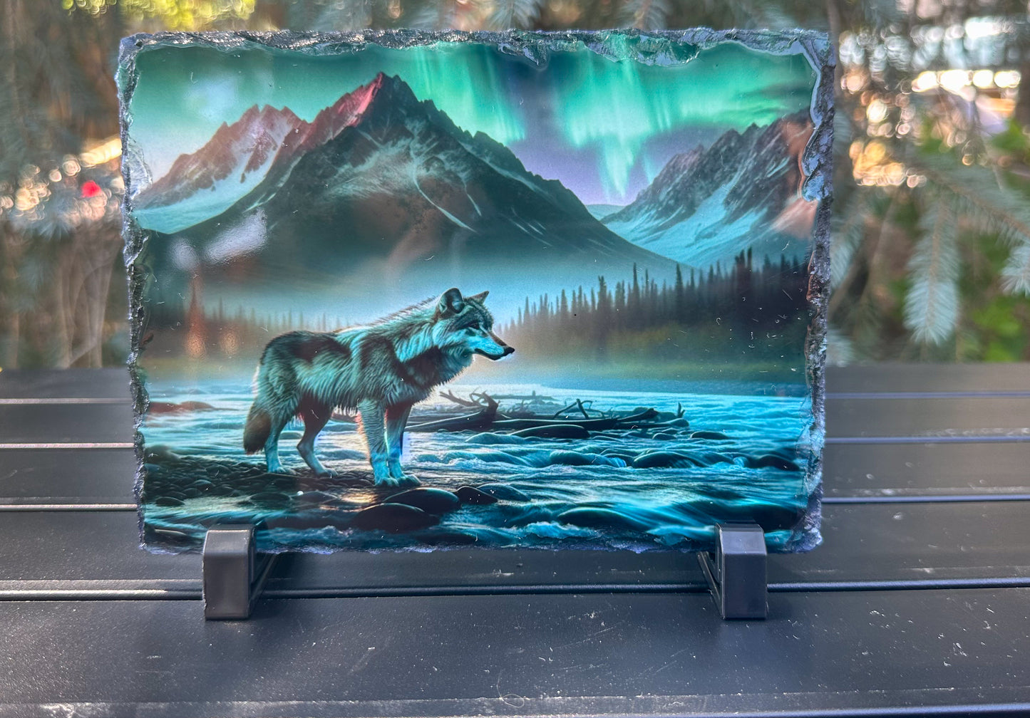 Wolf with Northern Lights Decorative Plaque, Northern Lights Slate, Wolf Lover Gift