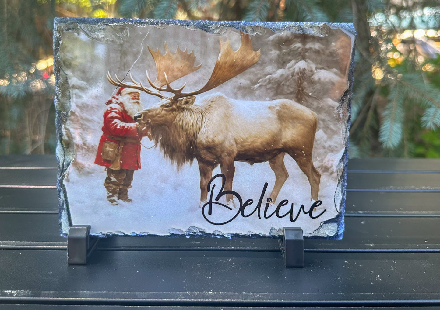 Santa Claus with Reindeer Decorative Plaque, Christmas Slate, Christmas Believer Gift